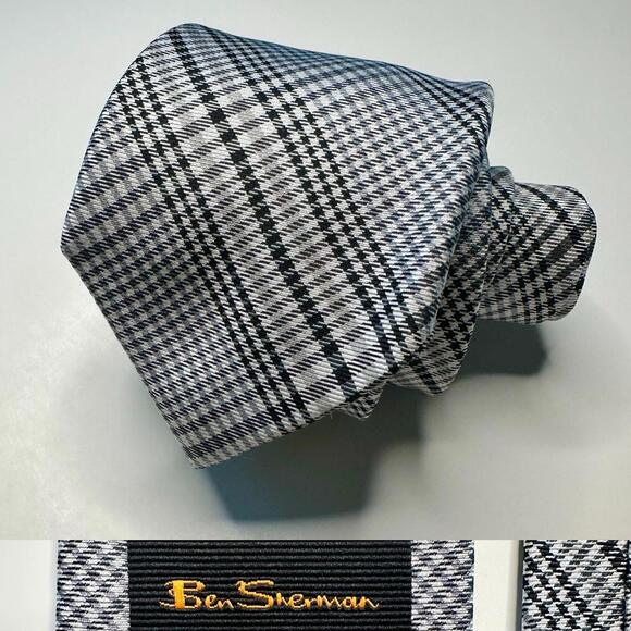 Slim Ben Sherman Black & White Plaid Silk Skinny Tie 2.75” - Picture 1 of 6
